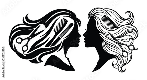 Hairdressing Silhouette With Combs And Scissors On White Background aesthetic