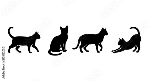 Foto Black Cat Silhouettes, Four Feline Poses Vector Set, Domestic Animal Icons for D