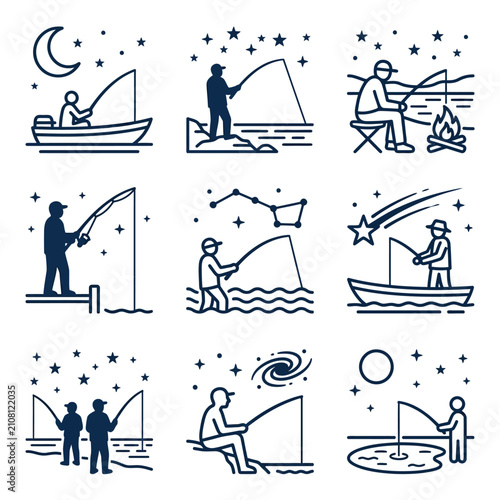 Fishing icons set night sky and constellations.