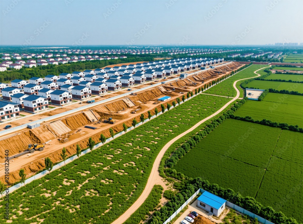 Fototapeta premium Aerial view of residential construction site with many new houses, raw earthworks. Heavy machines work on terrain near green fields, pathway. Modern suburban housing project expands in empty land