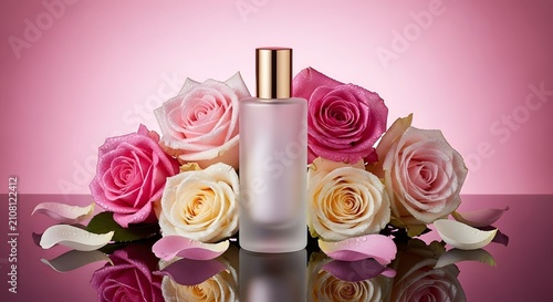 A glass perfume bottle surrounded by beautiful pink and white roses on a reflective pink background