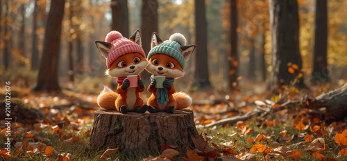 Cute cartoon fox with a cup of hot drink in autumn