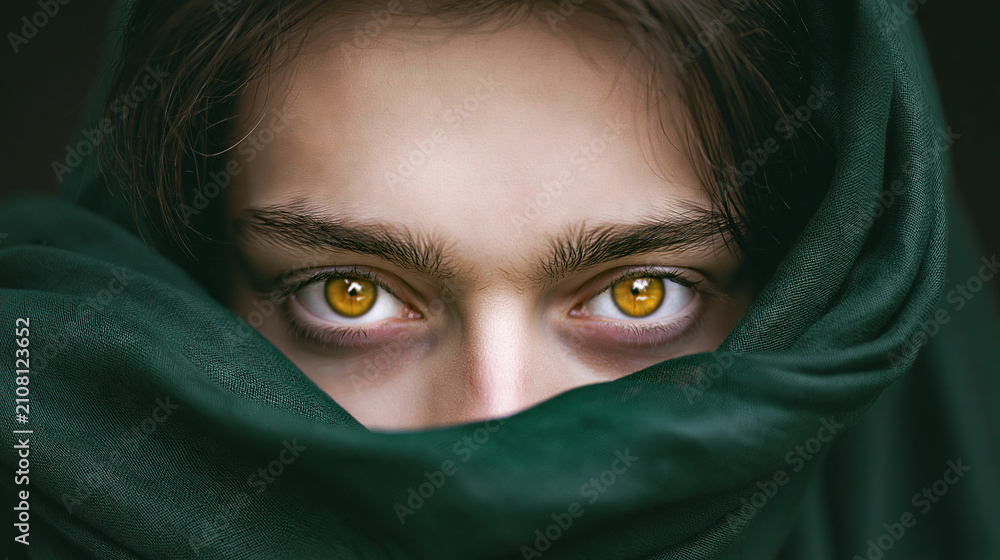 Naklejka premium Person with eyes partially covered by a green fabric
