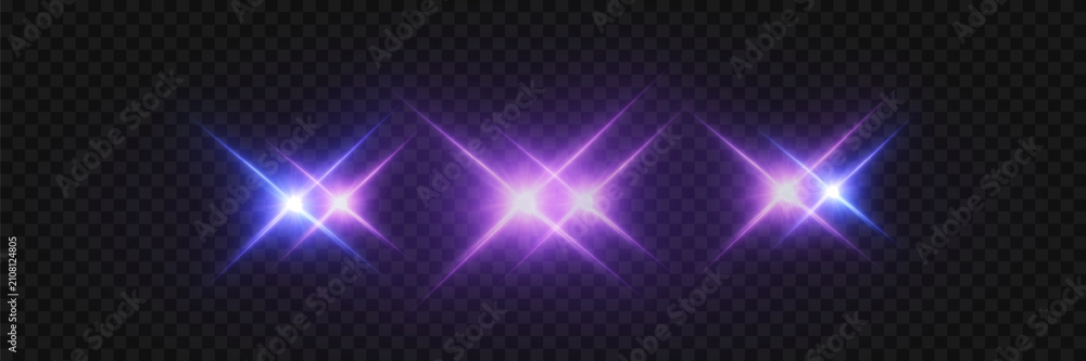 Obraz premium Set of glowing purple and blue lens flare light effects for overlay design