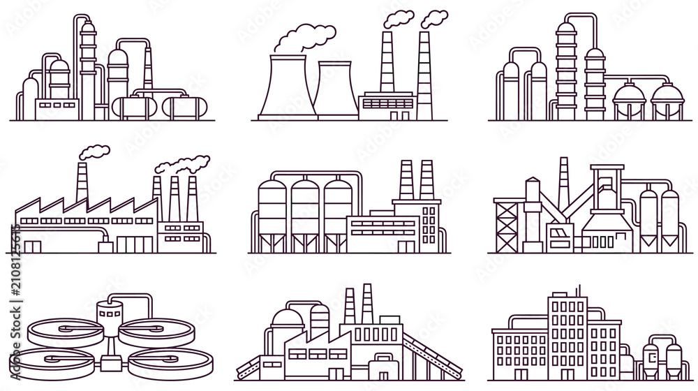 Fototapeta premium Industrial factory buildings, manufacturing plant and power station outline icons.
