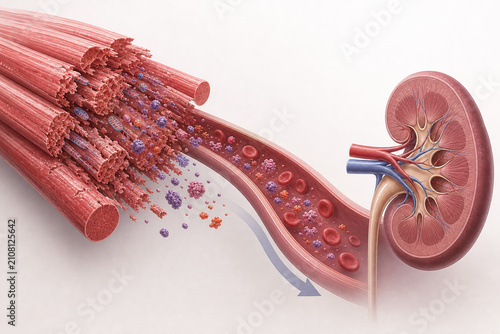 Rhabdomyolysis proteins moving from damaged muscle to kidney