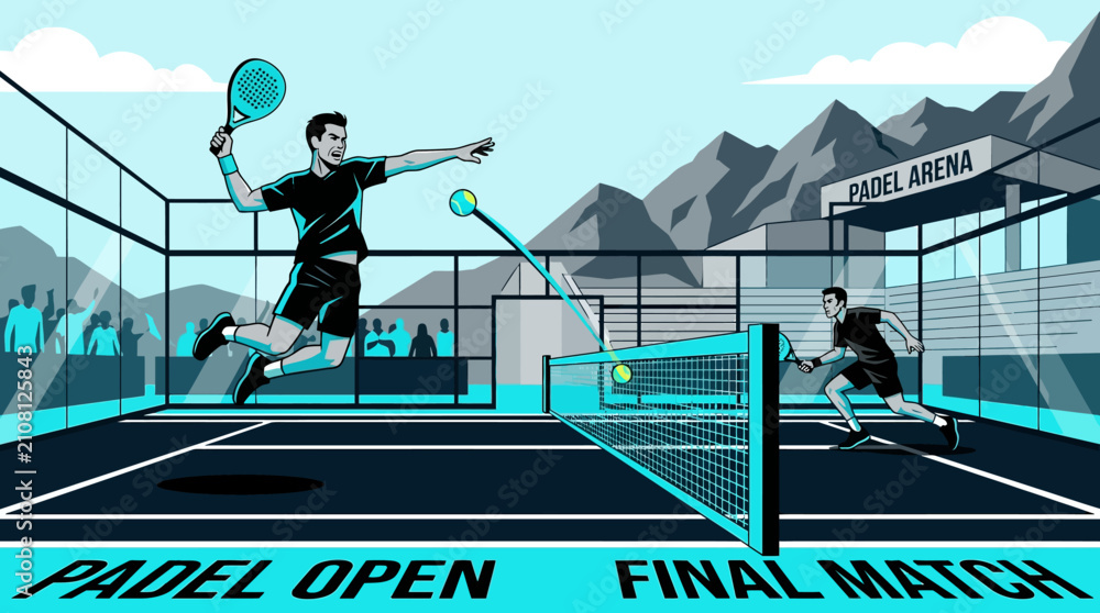 Obraz premium Exciting Padel Tennis Match Featuring Dynamic Action And Mountain Scenery