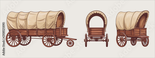 Foto Wagon, cartoon collection with wild west carriages, pioneer carts, wooden wagons and frontier transportation icons, editable vector set