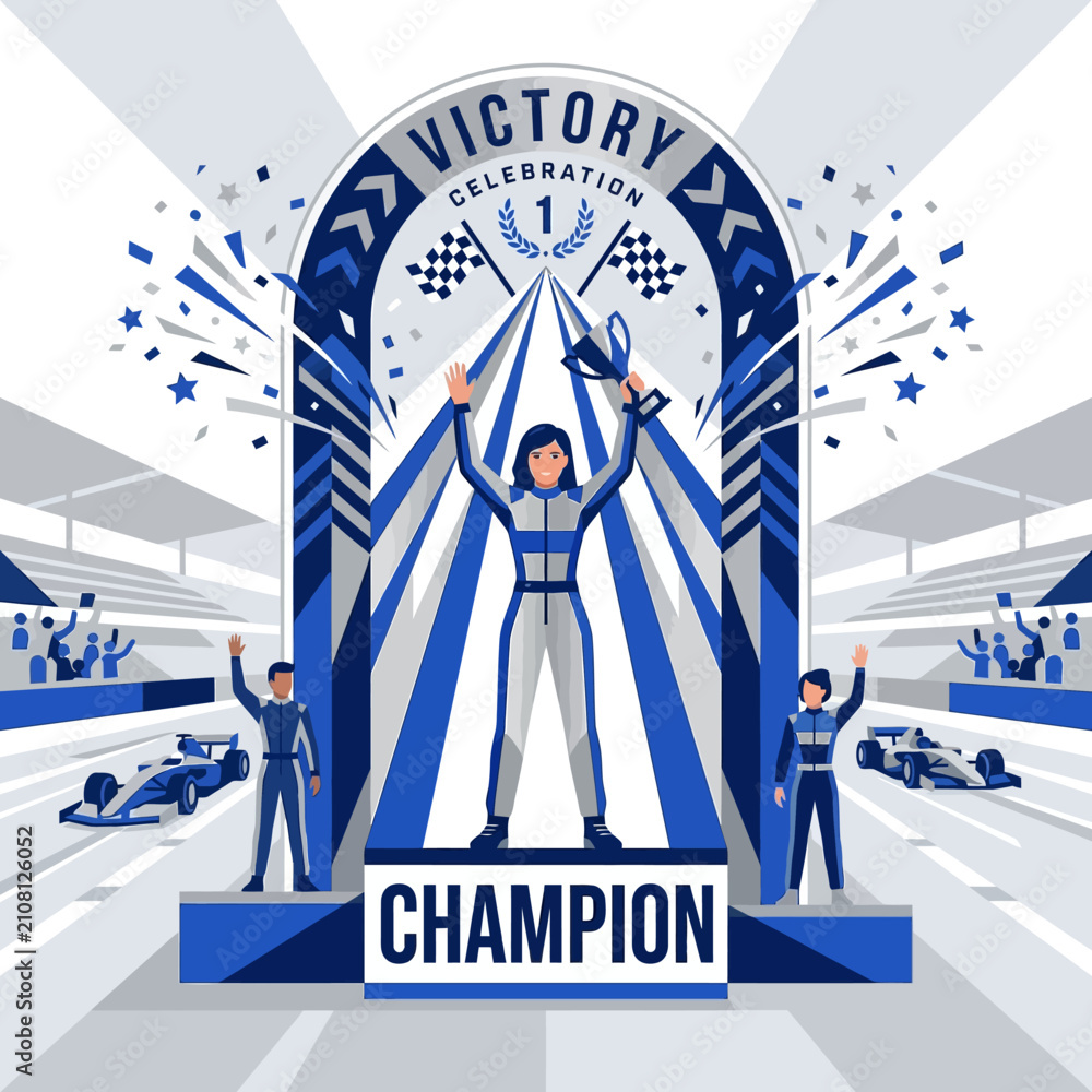 Obraz premium Excited Champion Ascends To Victory On Podium With Trophy In Racing Competition