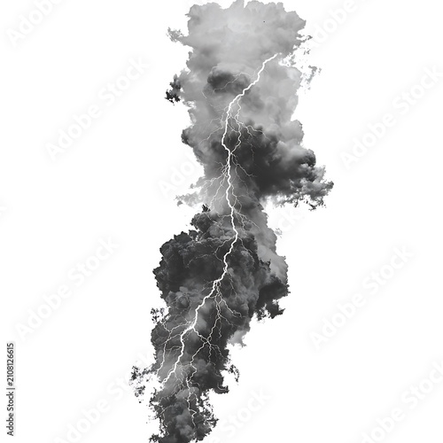 Vertical grayscale storm cloud column with lightning isolated on white background for assets