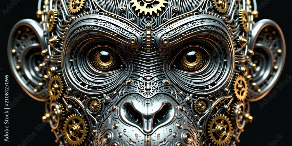 Fototapeta premium Intricate mechanical monkey head close up. Detailed robot face with gears, circuits, gold accents on dark background. Futuristic cybernetic animal illustration.