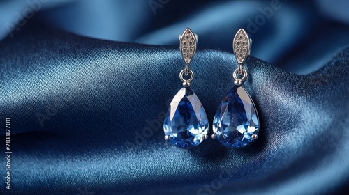 Elegant pair of platinum sapphire earrings on luxurious blue satin background, fine female jewelry close up, premium gemstone earrings for luxury fashion, wedding gift, anniversary, bridal accessories