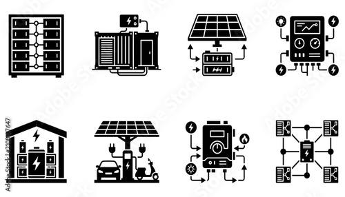Cuadro en lienzo Energy Icons Depicting Solar Panels, Batteries, and Power Systems for Renewable