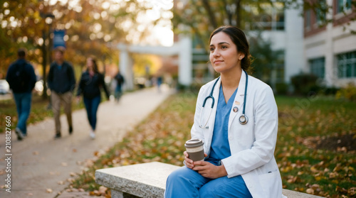 Young woman doctor sitting on stone bench outdoors holding coffee cup. Female medical student resting in university campus park. Healthcare professional relaxing during work break.