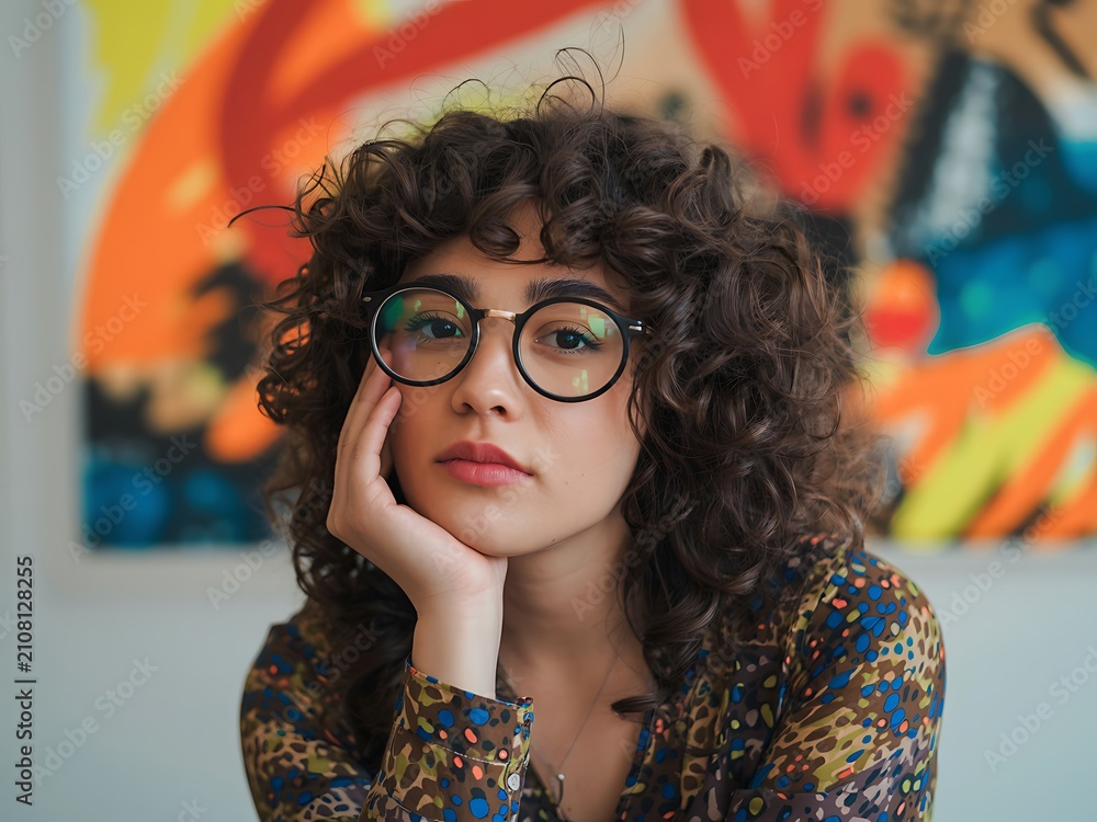 Obraz premium Creative portrait of a curly-haired woman wearing glasses with colorful artistic background.