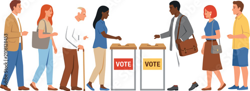 Картината върху платно Diverse People Standing in Line to Vote Flat Vector Illustration Featuring Multi