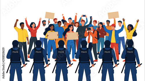 Police Officers Facing Protest Crowd Flat Vector Illustration Featuring Peaceful Demonstration, Law Enforcement, Public Rally, Civil Rights and Crowd Control Scene