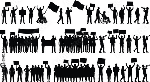 Protest Crowd Silhouette Vector Collection Featuring Demonstrators with Banners, Raised Fists, Flags, Megaphones, Wheelchair Activists and Public Rally Scenes
