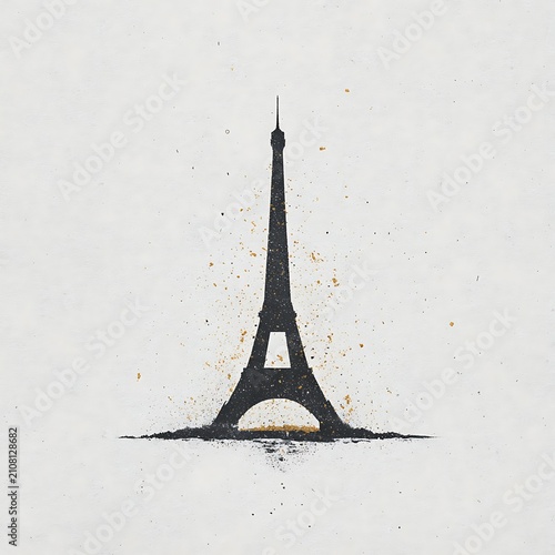 Conceptual Lattice Tower Silhouette Disintegrating into Golden Particles on White Background