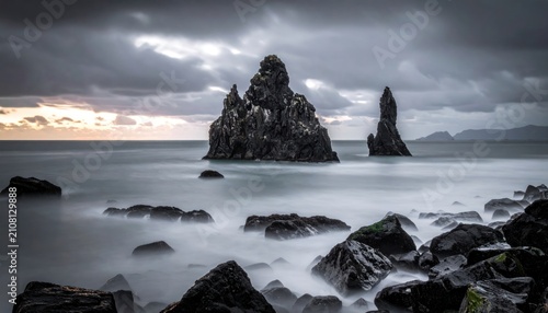 Dramatic Sea Stacks and Coastal Rocks at Dusk with Ethereal Foggy Water