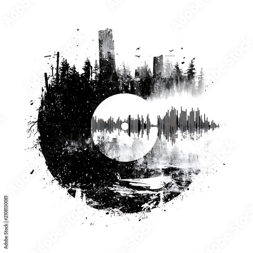 Abstract Nature Composition with Forest Landscape and Digital Sound Wave Element