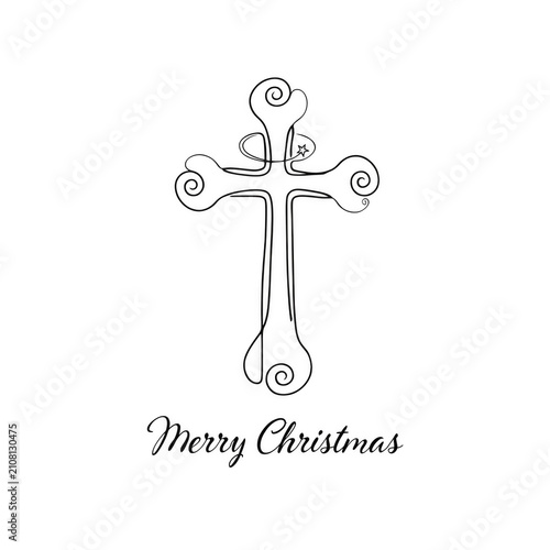 Elegant single line drawing of a cross with decorative swirls and a star during Christmas season isolated on transparent background
