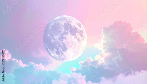 Dreamy Pastel Sky with Full Moon and Fluffy Clouds, Ethereal Fantasy Background