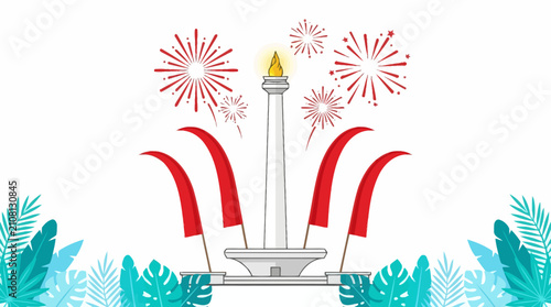 Fotografie Indonesian National Monument Monas illustration, festive fireworks and red flags