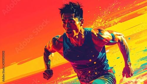 Dynamic Asian Athlete Running with Intense Focus and Explosive Energy, Vibrant Abstract Background