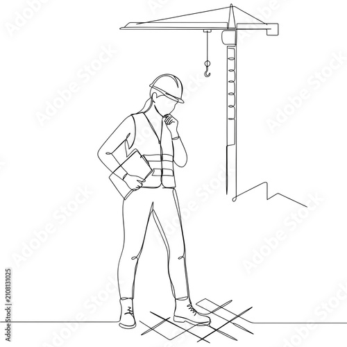 Female construction worker in hard hat and vest contemplating plans near a tower crane isolated on transparent background