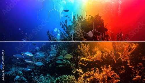 Dual-tone underwater scene: vibrant coral reef teeming with fish under a gradient of blue and red light, abstract hexagons overlaid