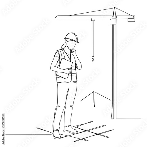 Female construction worker in hard hat and vest reviewing plans near crane during daytime isolated on transparent background