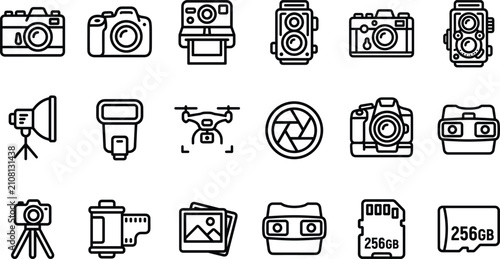 Fotografía Set of photography and camera equipment line icons with digital cameras, lenses, drones and memory cards