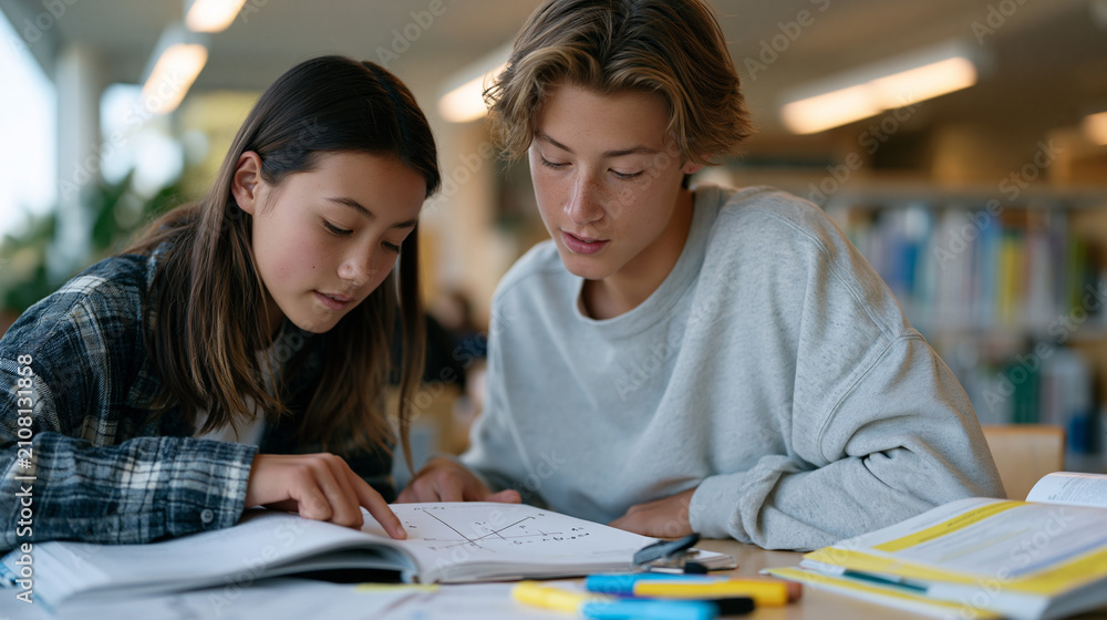 Obraz premium A teen tutoring a younger peer through a math equation at a public library table, finger tracing a graph in an open textbook as study guides and highlighters surround the shared