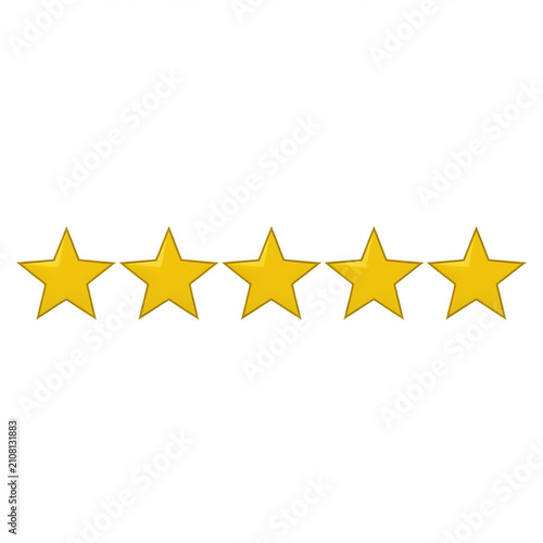 Five golden stars arranged in a row with soft lighting and a clean presentation for customer satisfaction Isolated on transparent background