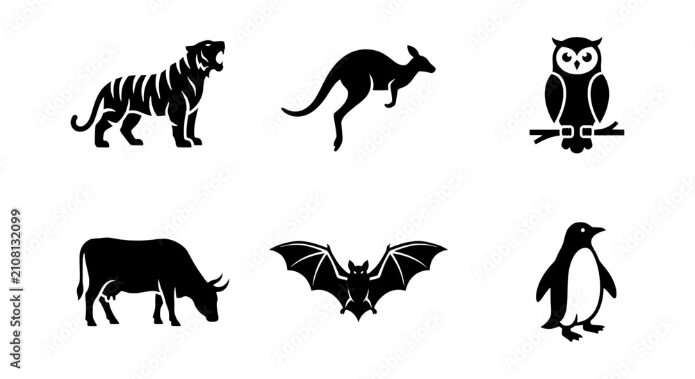 Fototapeta premium Diverse Animal Silhouettes Vector Set: Tiger, Kangaroo, Owl, Cow, Bat, Penguin Icons