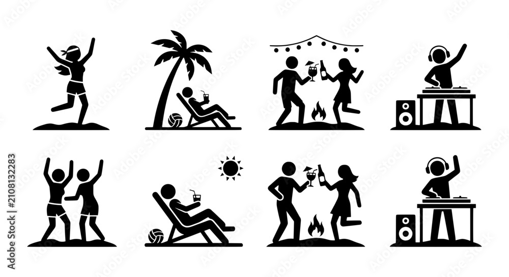 Obraz premium Party Icons Set, Celebration Graphics, Dancing People, DJ Music, Beach Relaxation, Vector Art