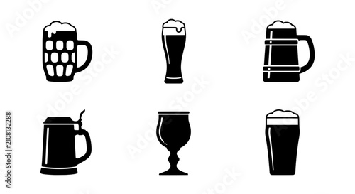 Tableau sur toile Six Black Beer Mugs and Glasses Vector Icons, Barware Collection, Pub and Brewer