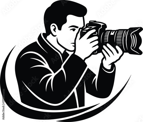 Obraz na płótnie Professional photographer man holding digital camera with telephoto lens capturing picture vector black illustration