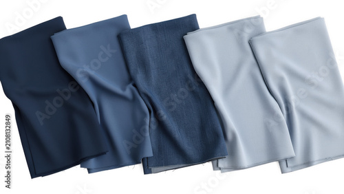Folded fabric swatches in varying shades of blue arranged in a row with soft lighting isolated on transparent background