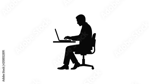 Silhouette of a person working on a laptop computer.
