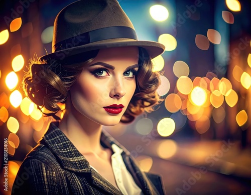 Elegant vintage woman wearing hat against city lights.