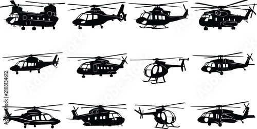 Set of Helicopter Silhouettes Isolated on White Background Vector Illustration