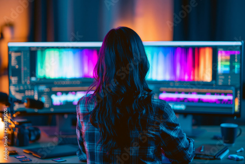 A focused video editor works at a desk with dual monitors displaying colorful waveforms and timelines in a dimly lit professional production studio environment
