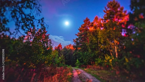 Enchanting Moonlit Forest Path Bathed in Autumn Colors Under a Clear Night Sky