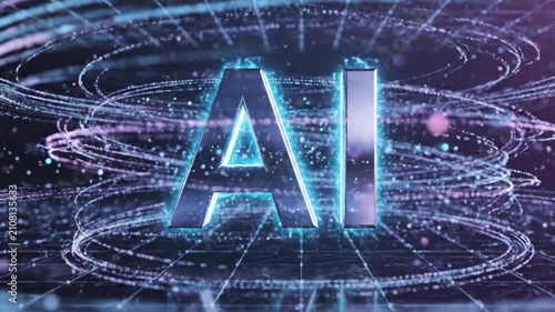 Futuristic 3D Holographic AI Text with Glowing Particle Rings in Digital Space