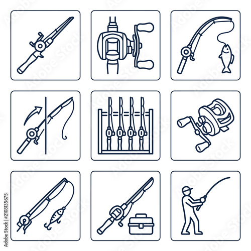 Fishing Rods Reels and Lures Icons Set.