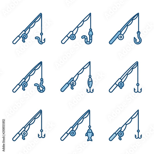 Fishing Rods With Hooks Worms And Fish Icons Set.