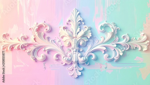 Ethereal white rococo baroque flourish ornament against a pastel watercolor background