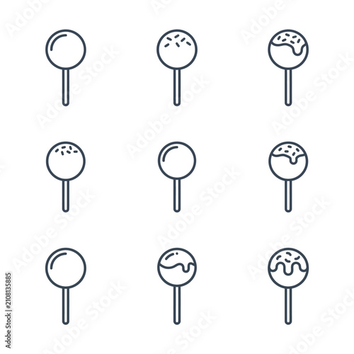 Set of nine simple line art icons representing cake pops.